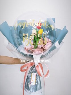 Flower Balloon แสดงความยินดี ดอกทิวลิปประดิษฐ์ 3 ดอก Bubble ขนาด 18" พร้อมตกแต่ง สามารถใส่เงินได้ 30 ใบ สามารถเปลี่ยนข้อความ/เปลี่ยนสีได้