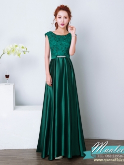 พร้อมเช่า ชุดราตรียาว แขนกุด สีเขียว อกแต่งลูกไม้ กรโปรงเนื้อผ้ามัน คาดเอวคริสตัล เซ็กซี่ผ้าหลัง เพิ่มเข็มกลัดโบว์ช่วงหลัง