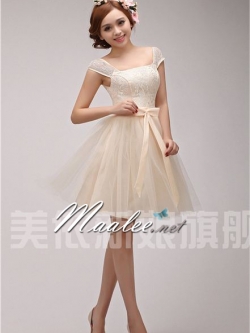 พร้อมส่ง ชุดราตรีแขนสั้น สีครีม Champagne แบบแขนสั้น อกแต่งลูกไม้สวย กระโปรงตาข่าย เพิ่มโบว์ช่วงเอว