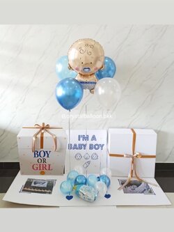 Surprised Box กล่องทายเพศ พร้อมตกแต่ง ลูกโป่ง 4 ลูก ฟอยล์เด็กทารก 1 ชิ้น พร้อมตกแต่ง สามารถใส่รูปได้ 2 รูป สามารถเปลี่ยนสีลูกโป่ง/เปลี่ยนสี-ฟอยล์ตกแต่ง/เปลี่ยนข้อความได้