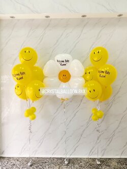 ลูกโป่ง Welcome Baby ช่อลูกโป่งหน้ายิ้มเหลือง 5 ลูก 2 ช่อ พร้อมตกแต่ง ฟอยล์ดอกเดซี่ใหญ่ 1 ดอก สามารถเปลี่ยนสีลูกโป่ง/เปลี่ยนข้อความ/เปลี่ยนฟอยล์ตกแต่งได้