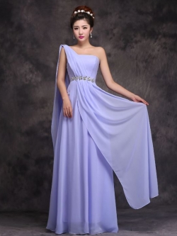 พร้อมเช่า ชุดราตรียาว ไหล่เดียว สีม่วงอ่อน จับเตรปสไตล์กรีก คาดคริสตัลช่วงเอว