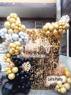 Organic Backdrop Let's Party ฉากวิบวับสีทอง ขนาด 1.5x2 เมตร Theme ดำ-ทอง-เงิน พร้อม ป้ายตัวอักษรไฟ 1 ชิ้น,ประดับใบไม้ทอง พร้อมตกแต่ง สามารถเปลี่ยนสีลูกโป่งได้