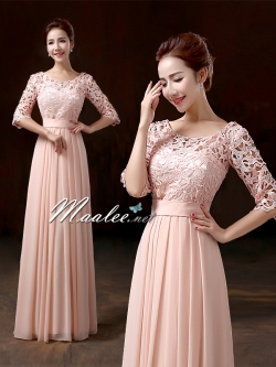 พร้อมเช่า ชุดราตรียาว สีชมพู แขนสามส่วน ลูกไม้ฉลุ กระโปรงผ้าชีฟอง