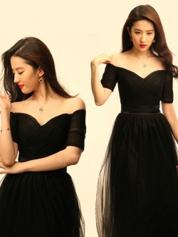 พร้อมเช่า ชุดราตรียาว & แบบปาดไหล่ สีดำ กระโปรงผ้าโปร่งตาข่ายนิ่ม ใส่สบายตัว อกจับจีบ ผ้าซาตินคาดเอว (เชือกผูกหลัง)