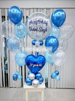 ลูกโป่ง วันเกิด Bubble ขนาด 24" Theme สีน้ำเงิน พร้อม ช่อลูกโป่ง ช่อ 7 ลูก 2 ช่อ,ลูกโป่งใส ใส่กลิตเตอร์,ฟอยล์หัวใจ 18" ตั้งฐาน 1 ชิ้น พร้อมตกเเต่ง สามารถเปลี่ยนสีลูกโป่ง/เปลี่ยนข้อความ/เปลี่ยนขนาดได้