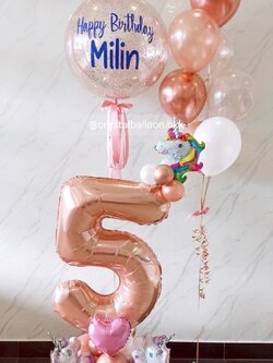 ลูกโป่งวันเกิดเด็ก Bubble ขนาด 24" กลิตเตอร์สีโรสโกล พร้อม ลูกโป่งช่อ ช่อ 7 ลูก 1 ช่อ , ฟอยล์ตัวเลข ขนาด 40" ตั้งฐาน 1 ชิ้น สีโรสโกล พร้อมตกแต่ง สามารถเปลี่ยนสีลูกโป่ง/้เปลี่ยนข้อความ/เปลี่ยนขนาดลูกโป่งได้
