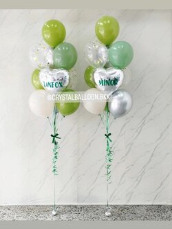 ลูกโป่ง เปิดงาน ช่อลูกโป่งฟอยล์หัวใจ ขนาด 18" สีเงิน ช่อ 10 ลูก 2 ช่อ Theme สีเขียว พร้อมตกแต่ง สามารถเปลี่ยนสีลูกโป่ง/เปลี่ยนข้อความ/เปลี่ยนฟอยล์ตกแต่งได้