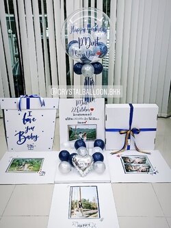 Happy Birthday Surprise Box กล่องเซอร์ไพรส์วันเกิด Bubble USA ขนาด 24" Theme Dark Blue-เงิน พร้อมตกแต่ง สามารถใส่รูปได้ 4 ใบ สามารถเปลี่ยนสีลูกโป่ง/เปลี่ยนข้อความได้