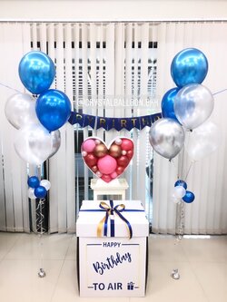 Happy Birthday Surprise Box Theme สีน้ำเงิน-เงิน ป้ายธง Happy Birthday พร้อมตกแต่ง ช่อลูกโป่ง 5ลูก 2ช่อ สามารถใส่รูปได้ 2 ใบ (ไม่รวมกล่องหัวใจ) สามารถเปลี่ยนสีลูกโป่ง/เปลี่ยนข้อความได้