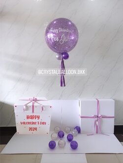 Valentine's Surprised Box Bubble ขนาด 24" กลิตเตอร์สีม่วง พร้อมตกแต่ง สามารถใส่รูปได้ 4 ใบ สามารถเปลี่ยนสีลูกโป่ง/เปลี่ยนข้อความได้