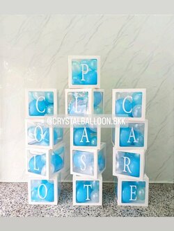 ลูกโป่ง เปิดงาน กล่องใส ติดตัวอักษร 13 ตัวอักษร พร้อมตกเเต่ง สามารถเปลี่ยนสีลูกโป่ง/เปลี่ยนข้อความได้