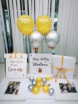 Happy Birthday Surprise Box Theme สีเงิน - ทอง พร้อมตกแต่ง ลูกโป่งโครเมียม 4 ลูก,สามารถใส่รูปได้ 2 ใบ สามารถเปลี่ยนสีลูกโป่ง/เปลี่ยนข้อความได้