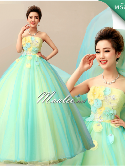 พร้อมเช่า ชุดแฟนซี ชุดราตรียาว เกาะอก แต่งดอกไม้ช่วงบน กระโปรงพองสวย