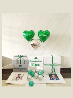Congradulation Surprise Box กล่องเซอร์ไพรส์แสดงความยินดี พร้อม ฟอยล์หัวใจ 18" 3 ชิ้น พร้อมตกเเต่ง สามารถใส่รูปได้ 2 ใบ สามารถเปลี่ยนสีลูกโป่ง/เปลี่ยนข้อความ/เปลี่ยนสีฟอยล์ตกเเต่งได้