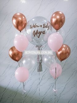 ลูกโป่ง Welcome Baby Girl Bubble ขนาด 24" สีเงิน พร้อมตกแต่ง ช่อลูกโป่ง 6 ลูก 2 ช่อ,ลูกโป่งใส ใส่กลิตเตอร์ สามารถเปลี่ยนสีลูกโป่ง/เปลี่ยนข้อความ/เปลี่ยนขนาดได้