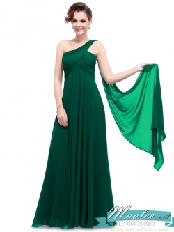 พร้อมเช่า ชุดราตรียาว เกาะอก ไหล่เดียว สีเขียว ผ้าชีฟองจับเดรปไขว่ช่วงหน้าอก ทิ้งชายด้านหลัง (ซิปข้างลำตัว)