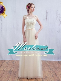 พร้อมเช่า ชุดราตรียาว แบบ A สีครีม แขนกุด กระโปรงตาข่าย ช่องอกแต่งดอก 3 มิติ