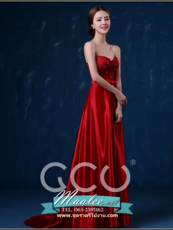 พร้อมเช่า ชุดราตรียาว แบบเกาะอก/ชายยาว สีแดง มีฟองน้ำในตัว เสริมโครงข้างลำตัว หรูมาก ช่วงอกแต่งลูกไม้&คริสตัล (ซิปหลัง)