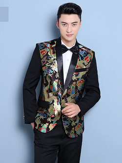 Pre-order ชุดสูทจีนชาย สีดำปกคอดำ พิมพ์ลายกราฟฟิก