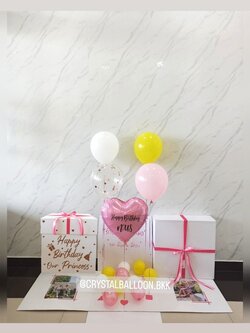 Happy Birthday Surprised Box กล่องเซอร์ไพรส์วันเกิด พร้อมตกแต่ง ฟอยส์หัวใจ 18" 1 ชิ้น ลูกโป่งใสใส่กลิตเตอร์ สามารถใส่รูปได้ 2 ใบ สามารถเปลี่ยนลูกโป่ง/เปลี่ยนข้อความ/เปลี่ยนสี-ฟอยล์ตกแต่งได้
