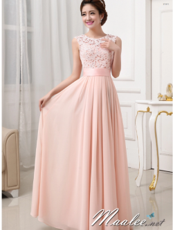 พร้อมเช่า ชุดราตรียาว สีชมพู แขนกุด ลูกไม้ฉลุ กระโปรงผ้าชีฟอง