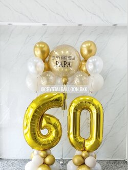 ลูกโป่ง วันเกิด Bubble ขนาด 24" กลิตเตอร์สีทอง พร้อม ช่อลูกโป่ง ช่อ 5 ลูก 2 ช่อ,ฟอยล์ตัวเลข ขนาด 40" ตั้งฐาน 2 ชิ้น พร้อมตกแต่ง สามารถเปลี่ยนสีลูกโป่ง/เปลี่ยนข้อความ/เปลี่ยนขนาด/เปลี่ยนสี-ฟอยล์ตัวเลขได้