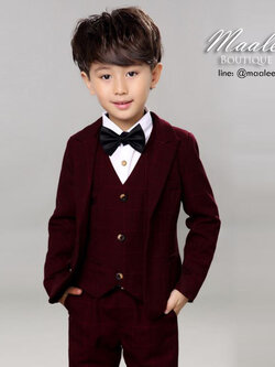 พร้อมเช่า ชุดสูทเด็กชาย สีแดงเบอกันดีลายตาราง **พร้อมเช่าไซส์ 110,120,130,140**