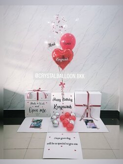 Happy Birthday Surprised Box กล่องเซอร์ไพรส์วันเกิด พร้อมตกแต่ง ฟอยล์หัวใจ 18" 1ชิ้น ลูกโป่งใสใส่กลิตเตอร์ สามารถใส่รูปได้ 2 ใบ สามารถเปลี่ยนสีลูกโป่ง เปลี่ยนข้อความได้