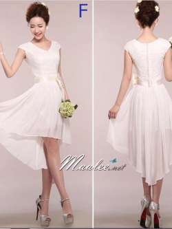 พร้อมเช่า ชุดเพื่อนเจ้าสาว PE-503 สีขาว แบบ F แขนกุด หน้าสั้นหลังยาว แต่งลูกไม้ช่วงอก คาดโบว์ที่เอว (ซิปหลัง)