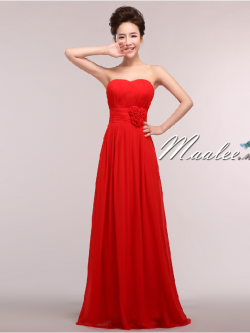 พร้อมเช่า ชุดราตรียาว แบบเกาะอก ผ้าชีฟอง ช่วงอกอัดพลีท แต่งดอกที่เอว สีแดง