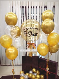 Surprise Box กล่องเซอร์ไพรส์แสดงความยินดี Bubble ขนาด 24" โทนสี ทอง สวย หรู พร้อมตกแต่ง ช่อลูกโป่ง 2 ช่อ (ไม่รวมค่าทำกล่องดำ) สามารถเปลี่ยนสีลูกโป่ง/ข้อความได้