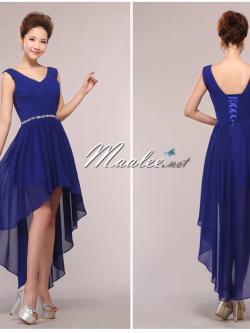 พร้อมเช่า ชุดราตรีสั้น แขนกุด หน้าสั้นหลังยาว สีน้ำเงิน คาดเอวคริสตัล