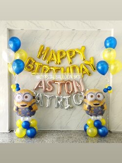 ลูกโป่ง วันเกิดเด็ก ฟอยล์ตัวอักษร Happy Birthday ขนาด 16" สีทอง 1 ชิ้น พร้อม ฟอยล์ตัวอักษรชื่อ 12 ตัวอักษร,ฟอยล์มินเนี่ยน ตั้งฐาน 2 ชิ้น,ช่อลูกโป่ง ช่อ 5 ลูก 2 ช่อ พร้อมตกแต่ง สามารถเปลี่ยนสีลูกโป่ง/เปลี่ยนสี-ฟอยล์ตัวอักษร/เปลี่ยนฟอยล์ตกแต่งได้