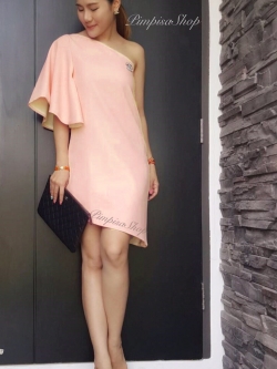 พร้อมส่ง ชุดออกงาน แบบเรียบหรู ปาดไหล่ สีโอโรส Peach (สั่งตัด) ใส่ได้ทั้งงานเช้า งานเย็น