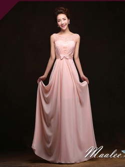 พร้อมเช่า ชุดราตรียาว แบบแขนกุด ผ้าชีฟอง แต่งผ้าลูกไม้ & โบว์ช่วงเอว สวยหวาน สีชมพู (เชือกผูกหลัง)