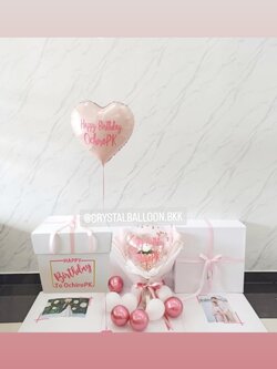Happy Birthday Surprise Box กล่องเซอร์ไพรส์วันเกิด ลูกโป่งฟอยล์หัวใจ ขนาด 18" สีชมพู 1 ชิ้น พร้อม ช่อดอกไม้กุหลาบ 1 ดอก สามารถใส่เงินได้,สามารถใส่รูปได้ 2 ใบ สามารถเปลี่ยนสีลูกโป่ง/เปลี่ยนข้อความได้