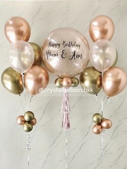 ลูกโป่ง วันเกิด Bubble ขนาด 24" กลิตเตอร์สีโรสโกล 1 ลูก พร้อม ช่อลูกโป่งสีโครเมี่ยม ช่อ 5 ลูก 2 ช่อ พร้อมตกแต่ง สามารถเปลี่ยนสีลูกโป่ง/เปลี่ยนข้อความ/เปลี่ยนขนาดได้