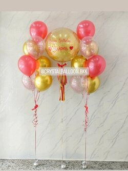 ลูกโป่ง วันเกิด Bubble ขนาด 24" กลิตเตอร์สีทอง 1 ลูก พร้อม ช่อลูกโป่ง ช่อ 7 ลูก 2 ช่อ Theme สีทองเข้มโครเมี่ยม-แดง พร้อมตกแต่ง สามารถเปลี่ยนสีลูกโป่ง/เปลี่ยนข้อความ/เปลี่ยนขนาดได้