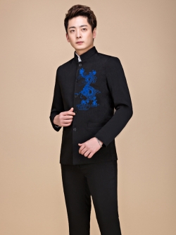 Pre-order ชุดสูทจีนชาย สีดำ ปักอกลายมังกรสีนำเงิน คอปีน แขนยาว สไตล์จีน
