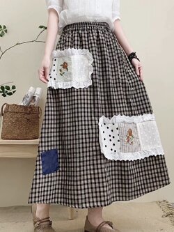 กระโปรงผ้าฝ้ายลายสก็อตลายปัก