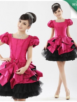 พร้อมเช่า ชุดแฟนซี เช่า 500 ชุดราตรีสั้น กระโปรงทรงบอลลูน สีชมพู ดำ แขนตุ๊กตา