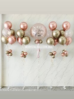 ลูกโป่ง วันเกิด Bubble ขนาด 24" กลิตเตอร์สีโรสโกล 1 ลูก พร้อม ช่อลูกโป่งสีโครเมี่ยม ช่อ 5 ลูก 4 ช่อ พร้อมตกแต่ง สามารถเปลี่ยนสีลูกโป่ง/เปลี่ยนข้อความ/เปลี่ยนขนาดได้