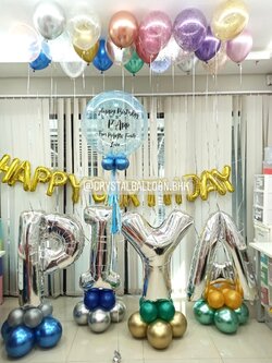 ลูกโป่ง วันเกิด Bubble ขนาด 24" พร้อม ลูกโป่งลอยฝ้า 20 ลูก,ฟอยล์ตัวอักษร Happy Birthday พร้อม ฟอยล์ตัวอักษร 40" ตั้งฐาน 4 ตัวอักษร พร้อมตกเเต่ง สามารถเปลี่ยนสีลูกโป่ง/เปลี่ยนข้อความ/เปลี่ยนขนาด/เปลี่ยนสี-ฟอยล์ตัวอักษรได้