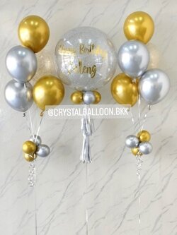 ลูกโป่ง วันเกิด Bubble ขนาด 24" กลิตเตอร์สีเงิน 1 ลูก พร้อม ช่อลูกโป่งสีโครเมี่ยม ช่อ 5 ลูก 2 ช่อ พร้อมตกแต่ง สามารถเปลี่ยนสีลูกโป่ง/เปลี่ยนข้อความ/เปลี่ยนขนาดได้
