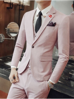 พร้อมเช่า ชุดสูทชาย สีชมพูพาสเทล Pastel Pink ทรงเข้ารูป สไตล์เกาหลี (ไม่มีเสื้อกั๊ก)