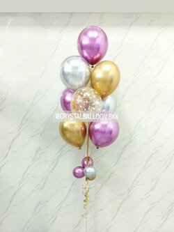 ลูกโป่ง แสดงความยินดี ช่อลูกโป่งสีโครเมี่ยม ช่อ 9 ลูก 1 ช่อ ม่วง/ทอง/เงิน/ลูกโป่งใส ใส่กลิตเตอร์ พร้อมตกแต่ง สามารถเปลี่ยนสีลูกโป่งได้