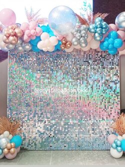 Organic Backdrop ฉากวิบวับ สีเงิน ขนาด 2.4x2.4 เมตร เปิดงาน Bubble ขนาด 24" กลิตเตอร์สีเงิน 1 ลูก พร้อม ประดับใบไม้ทอง พร้อมตกแต่ง สามารถเปลี่ยนสีลูกโป่ง/เปลี่ยนข้อความ/เปลี่ยนสี-ฟอยล์ตกแต่งได้