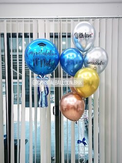 ลูกโป่ง รับปริญญา ฟอยล์กลม USA ขนาด 18" พร้อม ช่อลูกโป่งโครเมี่ยม ช่อ 6 ลูก 1 ช่อ พร้อมตกเเต่ง สามารถเปลี่ยนสีลูกโป่ง/เปลี่ยนข้อความได้