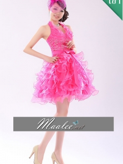 พร้อมเช่า ชุดแฟนซี เช่า 500 ชุดราตรีสั้น สีชมพู Hot Pink คล้องคอ กระโปรงระบาย ทรงฟูสวย